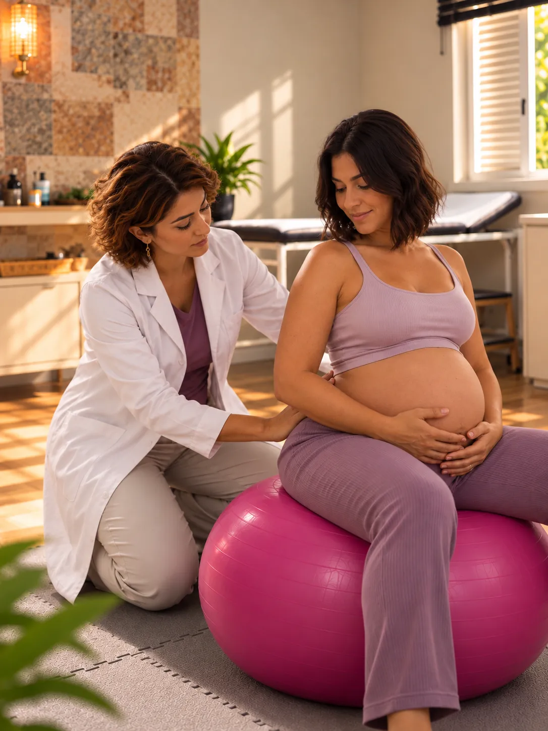 Fisioterapeuta apoia as costas de uma gestante sentada em uma bola rosa de pilates.