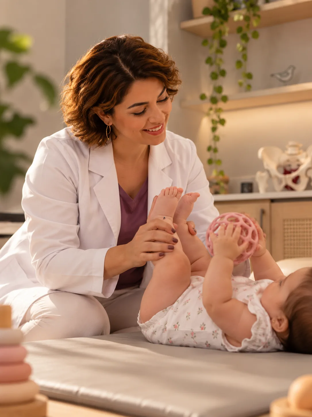 Fisioterapeuta brinca com um bebê deitado enquanto movimenta suavemente os pés dele.